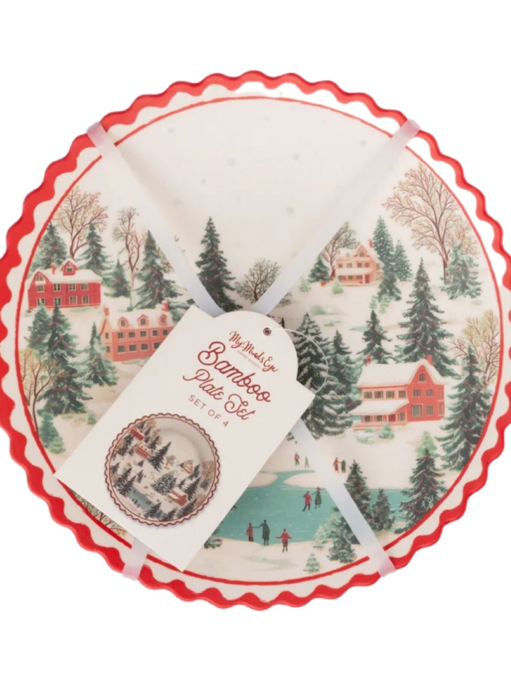 My Minds Eye! Christmas Holiday. Christmas Scene! 4 Bamboo plate set! Brand New!